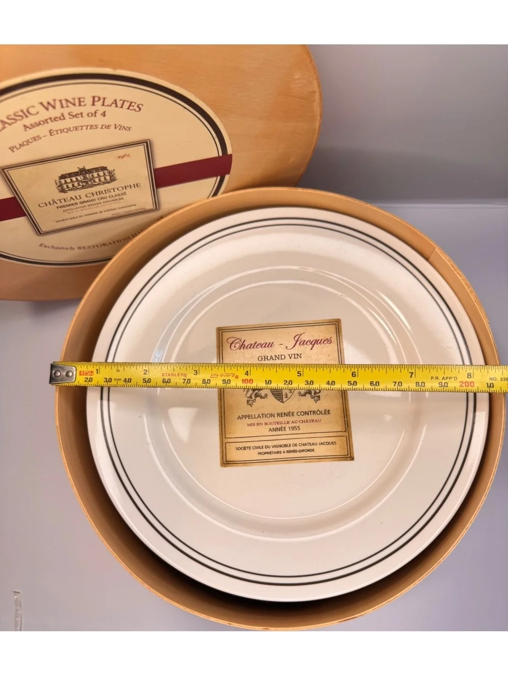 4 Classic Wine Plates by Restoration Hardware with Wooden Storage Box